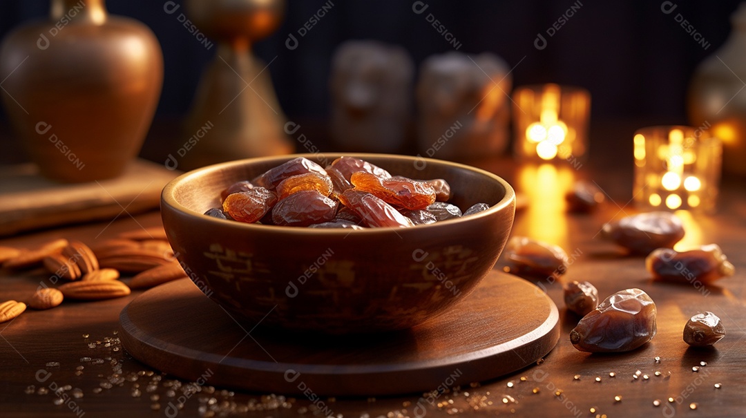 Tâmaras suculentas em uma tigela de vidro na mesa de madeira