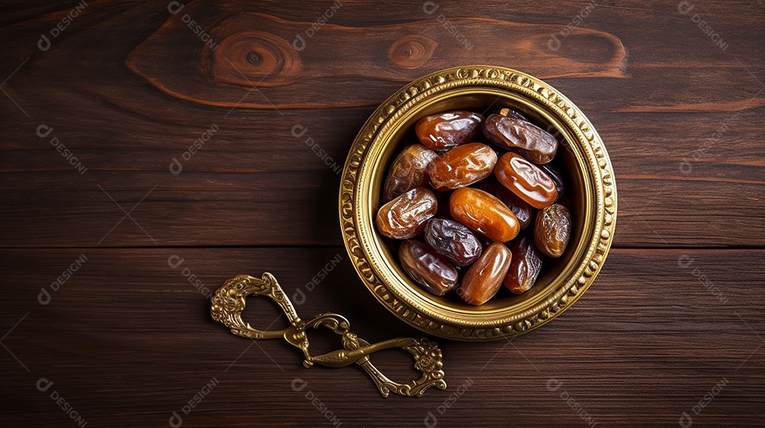 Tâmaras suculentas em uma tigela de vidro na mesa de madeira