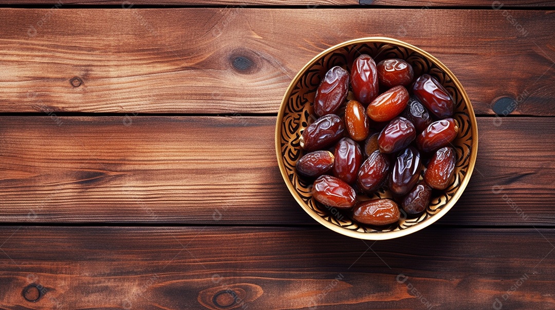 Tâmaras suculentas em uma tigela de vidro na mesa de madeira