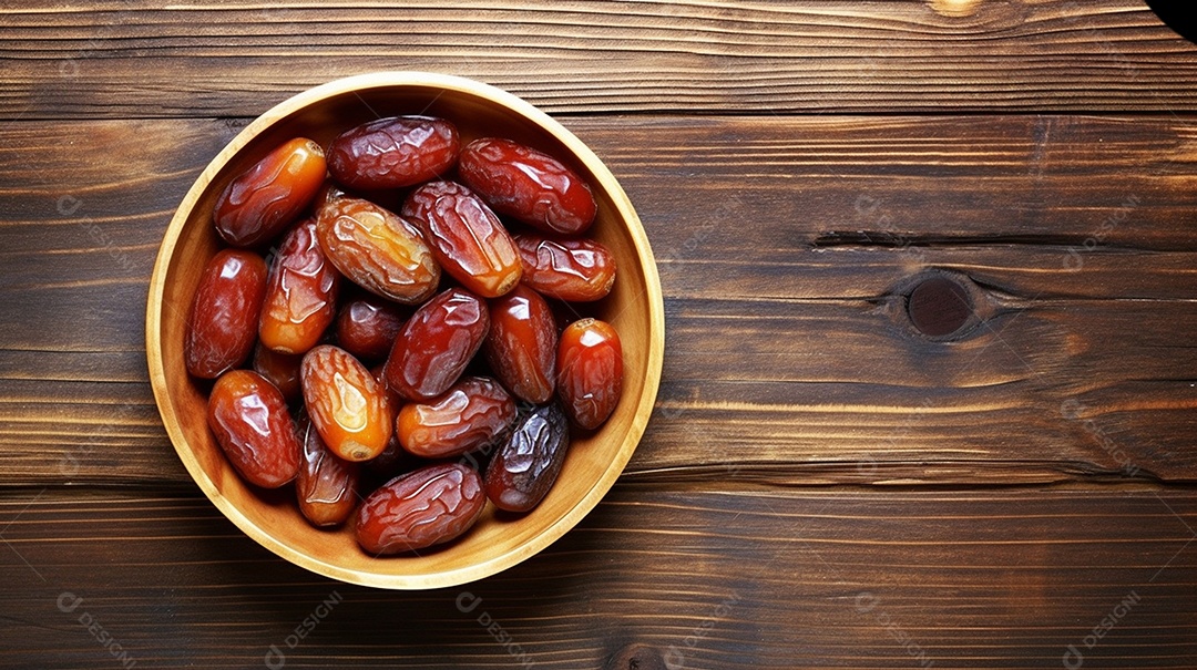 Tâmaras suculentas em uma tigela de vidro na mesa de madeira