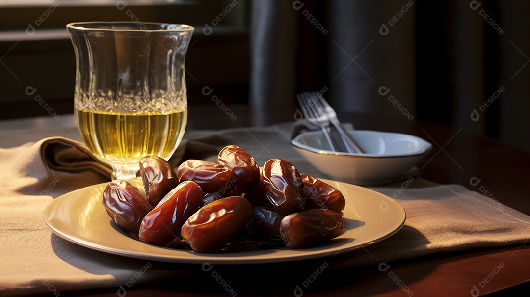 Tâmaras suculentas em uma tigela de vidro na mesa de madeira