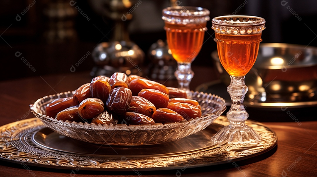 Tâmaras suculentas em uma tigela de madeira