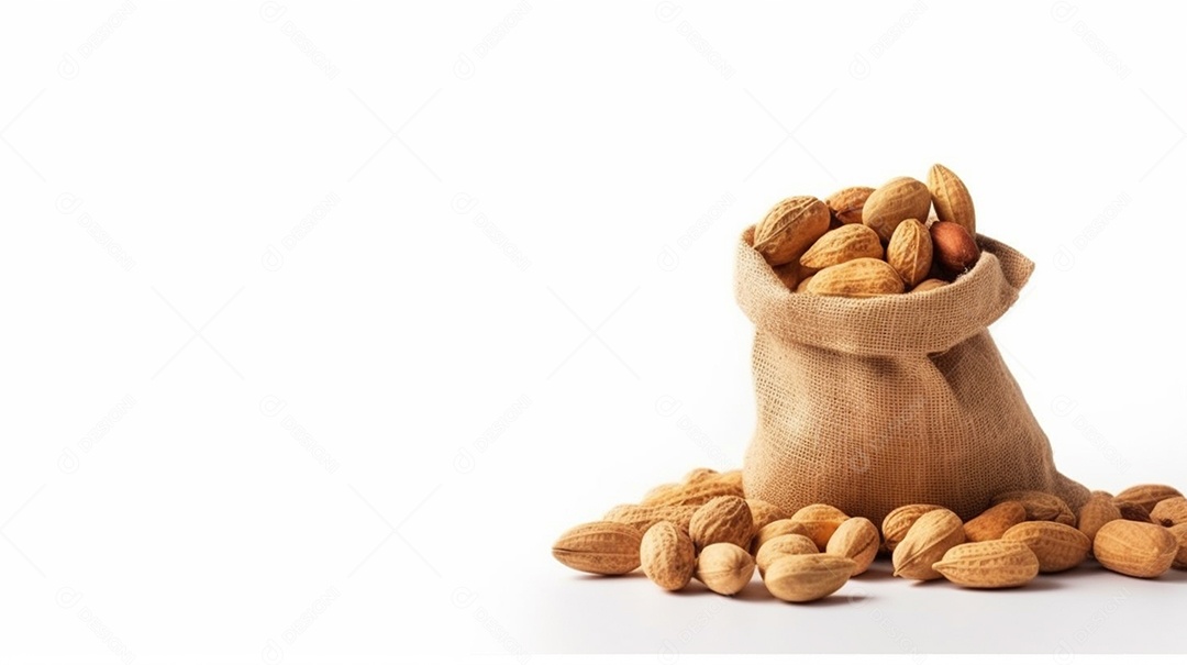 Amendoim fresco em saco vintage isolado em fundo branco