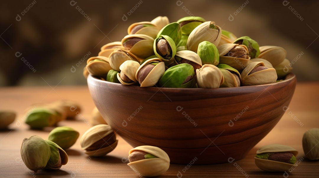 Tigela de pistaches sobre fundo branco