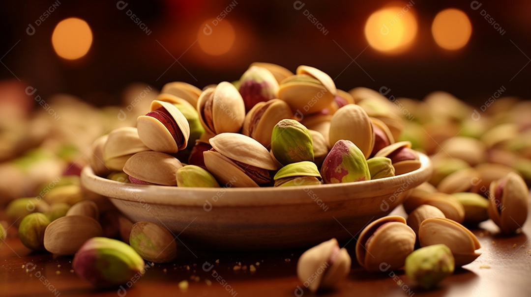 Tigela de pistaches sobre fundo branco