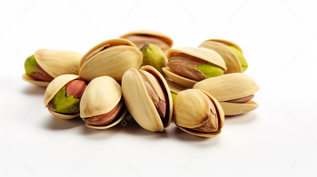 Tigela de pistaches sobre fundo branco