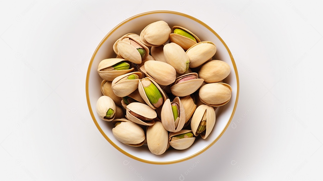 Tigela de pistaches sobre fundo branco