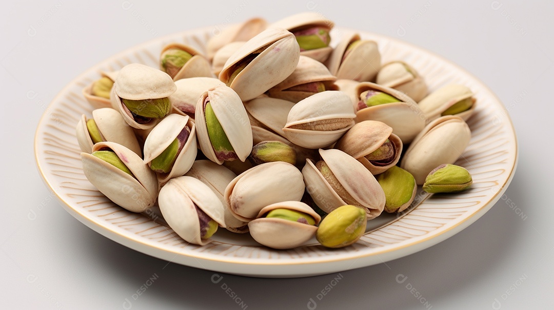 Tigela de pistaches sobre fundo branco