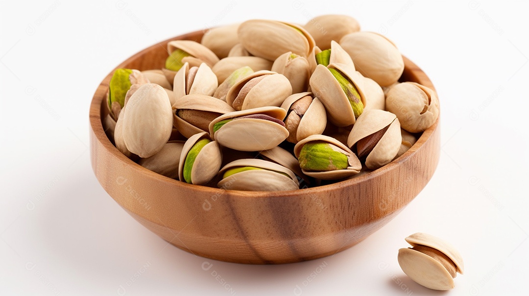 Tigela de pistaches sobre fundo branco