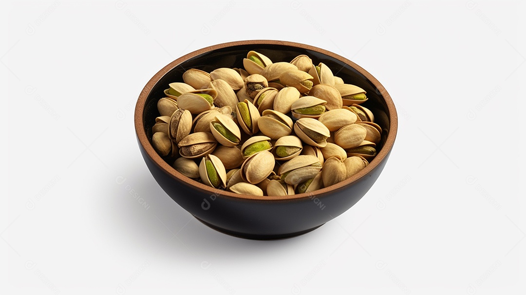 Tigela de pistaches sobre fundo branco