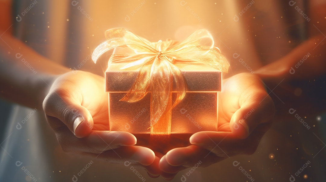 Caixa de presente brilhante nas mãos: simbolizando o Dia Internacional da Caridade