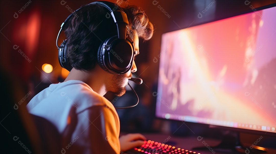 Visão rara de um jogador profissional em fones de ouvido com transmissão ao vivo enquanto joga um jogo de computador on-line