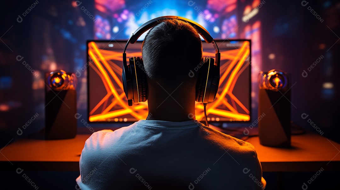 Visão rara de um jogador profissional em fones de ouvido com transmissão ao vivo enquanto joga um jogo de computador on-line