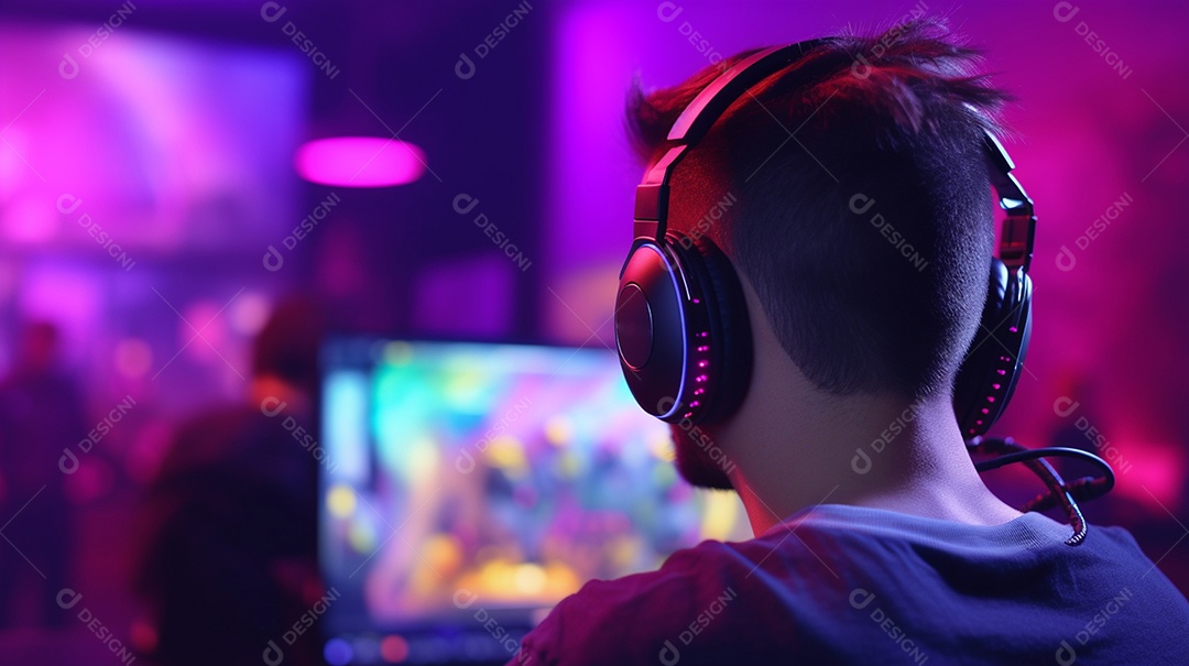 Visão rara de um jogador profissional em fones de ouvido com transmissão ao vivo enquanto joga um jogo de computador on-line