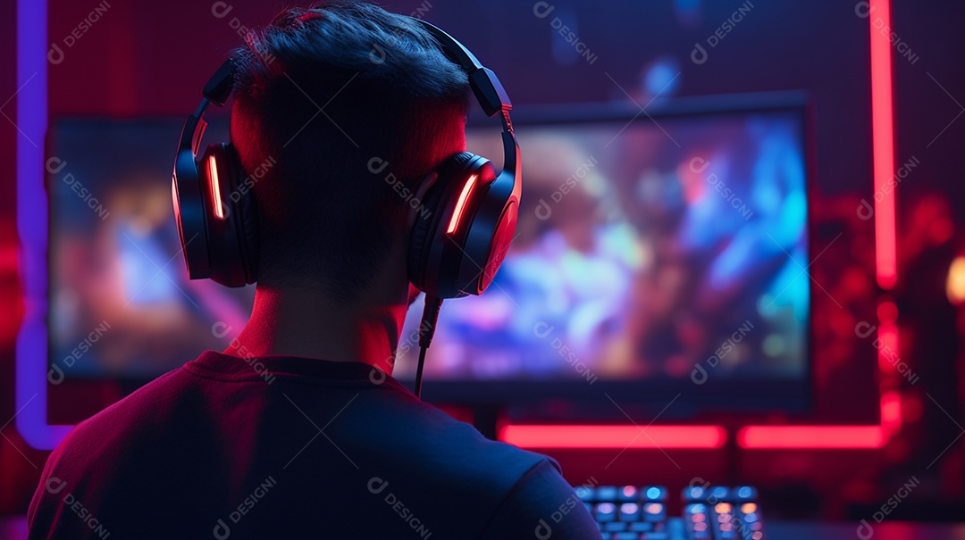 Visão rara de um jogador profissional em fones de ouvido com transmissão ao vivo enquanto joga um jogo de computador on-line