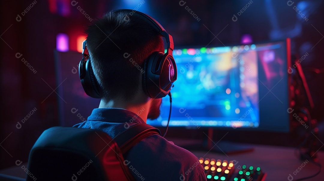 Visão rara de um jogador profissional em fones de ouvido com transmissão ao vivo enquanto joga um jogo de computador on-line