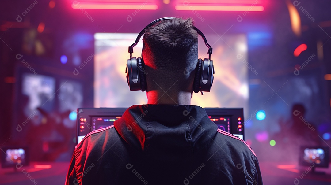 Visão rara de um jogador profissional em fones de ouvido com transmissão ao vivo enquanto joga um jogo de computador on-line