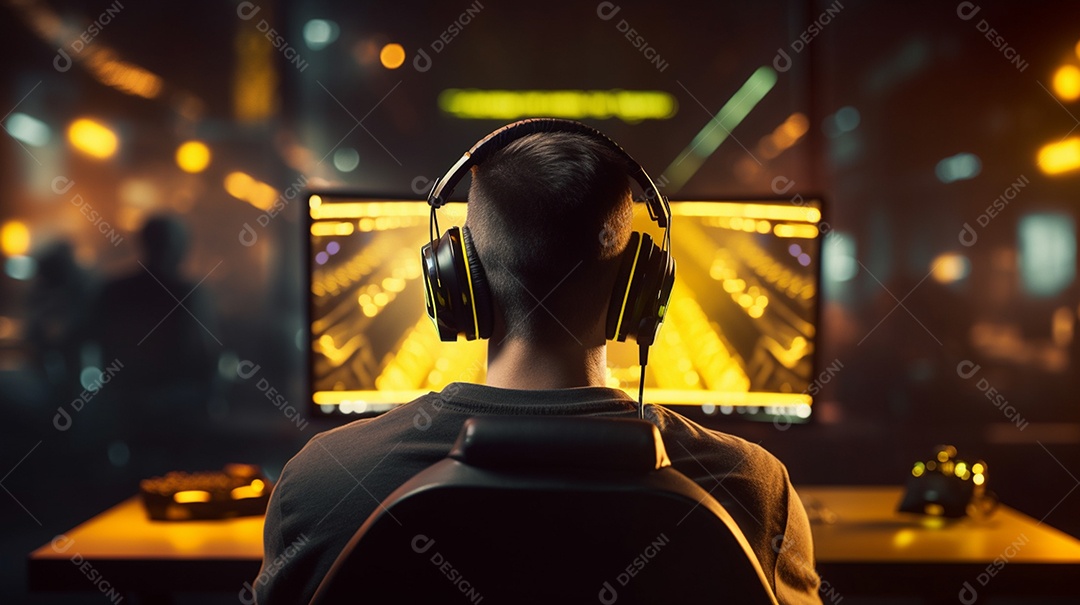 Visão rara de um jogador profissional em fones de ouvido com transmissão ao vivo enquanto joga um jogo de computador on-line