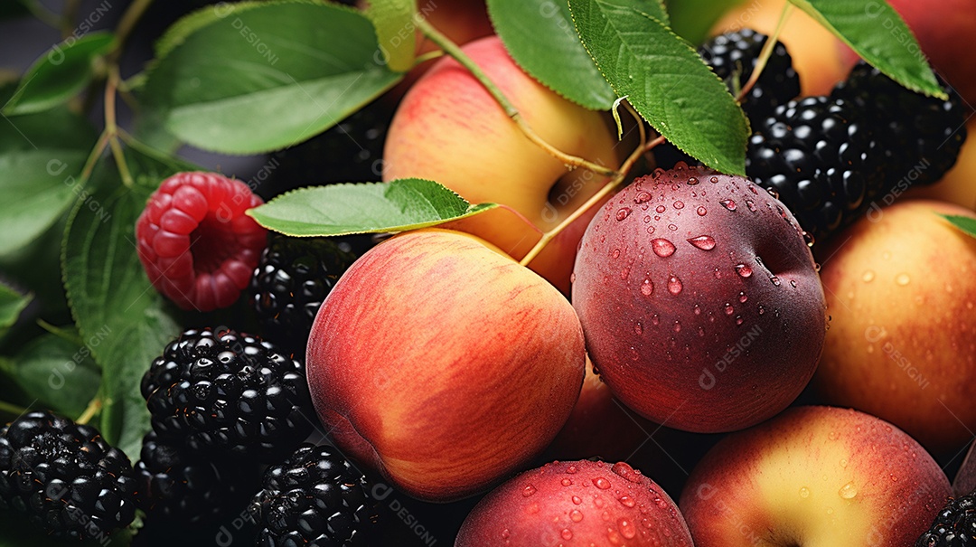 Um lindo fundo cheio de frutas de verão sobrepostas com vista superior.