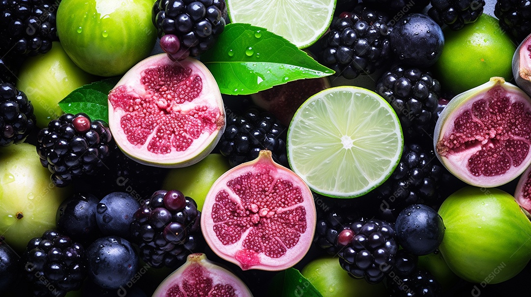 Um lindo fundo cheio de frutas de verão sobrepostas com vista superior.