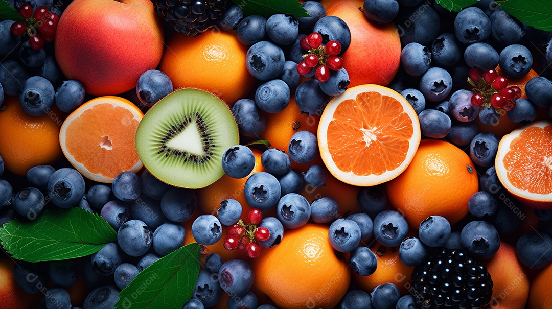 Um lindo fundo cheio de frutas de verão sobrepostas com vista superior.