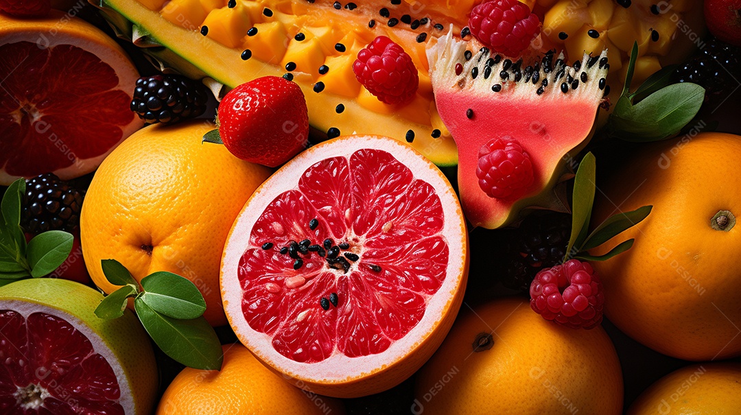 Um lindo fundo cheio de frutas de verão sobrepostas com vista superior.