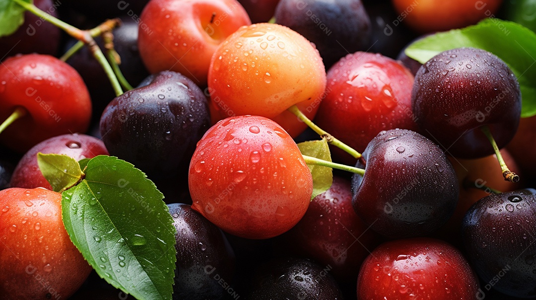 Um lindo fundo cheio de frutas de verão sobrepostas com vista superior.