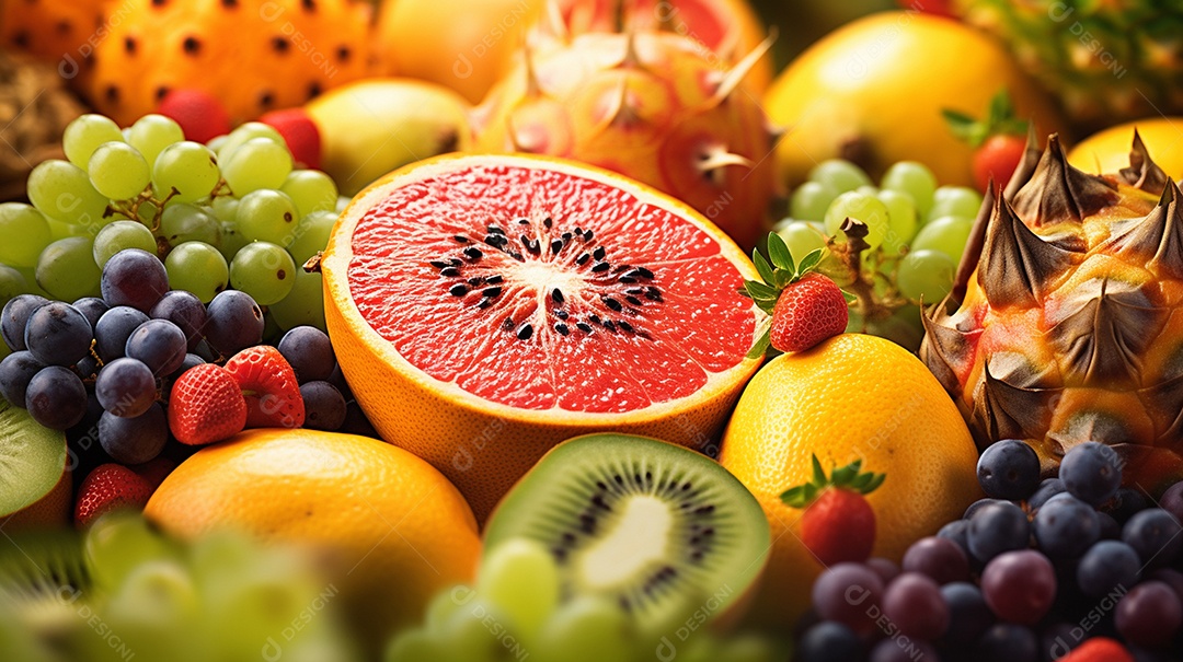 Foto vibrante de vista superior de prato de frutas cruas variadas com foco seletivo, fundo de frutas de verão