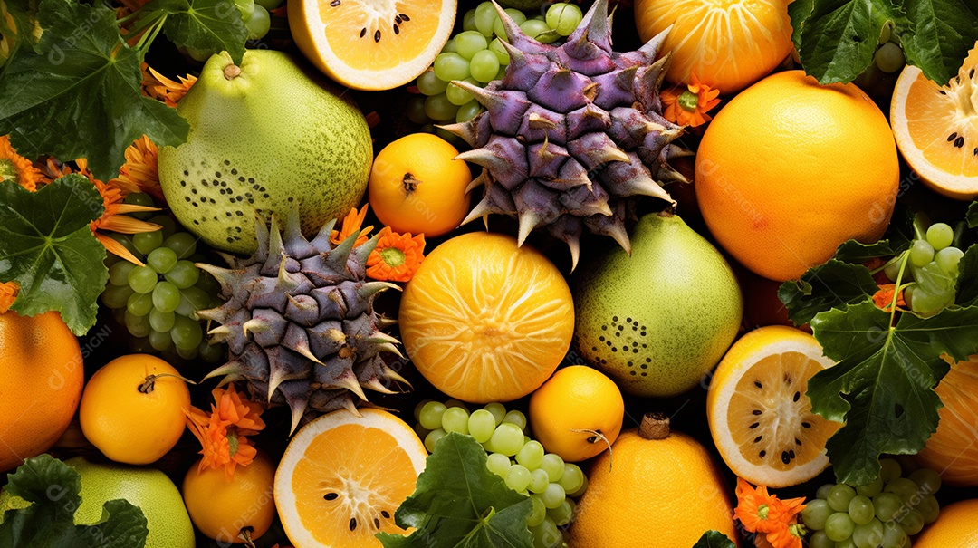 Um lindo fundo cheio de frutas de verão sobrepostas com vista superior.