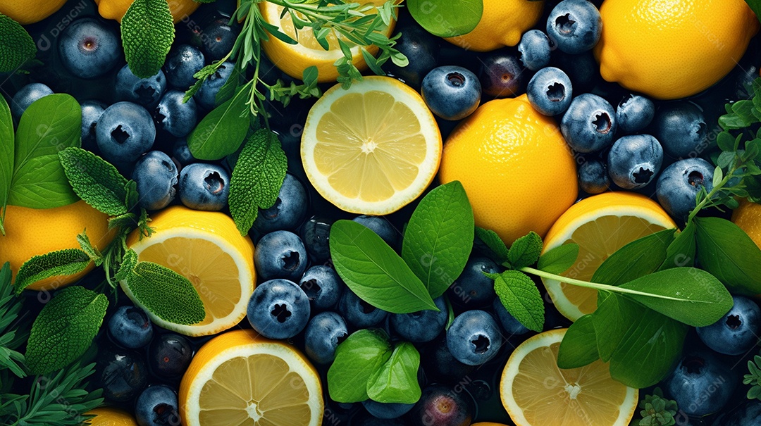 Um lindo fundo cheio de frutas de verão sobrepostas com vista superior.