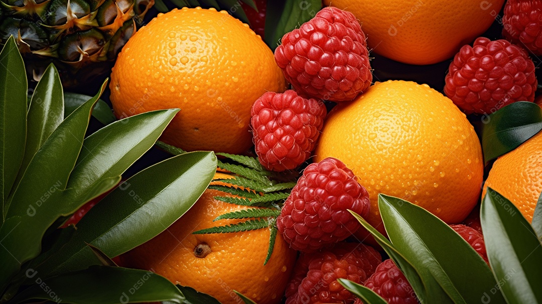 Um lindo fundo cheio de frutas de verão sobrepostas com vista superior.