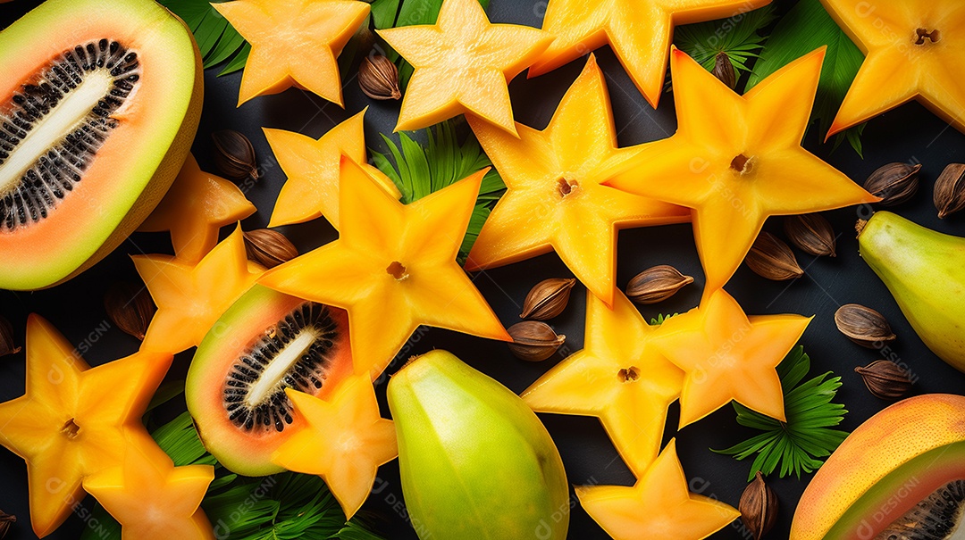 Um lindo fundo cheio de frutas de verão sobrepostas com vista superior.