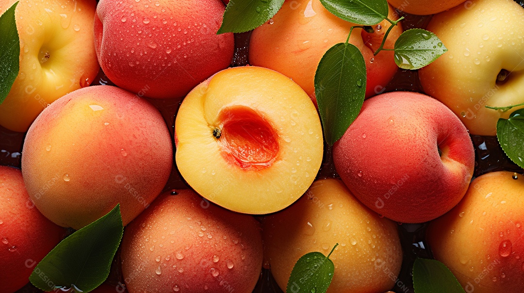 Um lindo fundo cheio de frutas de verão sobrepostas com vista superior.