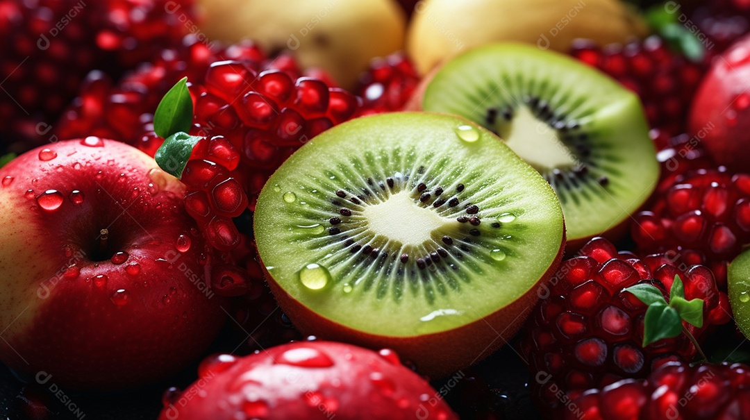 Um lindo fundo cheio de frutas de verão sobrepostas com vista superior.