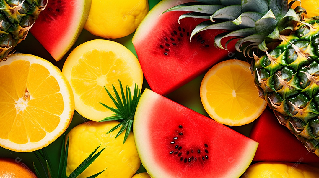 Foto vibrante de vista superior de prato de frutas cruas variadas com foco seletivo, fundo de frutas de verão