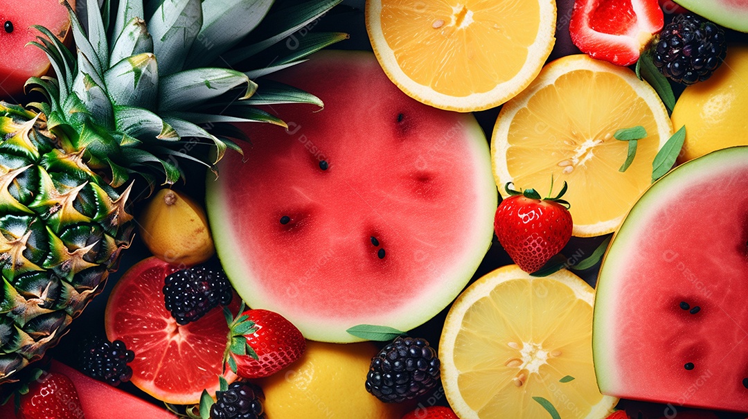 Foto vibrante de vista superior de prato de frutas cruas variadas com foco seletivo, fundo de frutas de verão