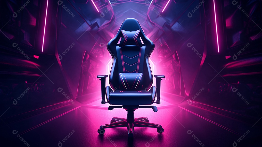 Cadeira de jogos moderna contra um fundo de tecnologia brilhante. é perfeito para longas sessões de jogo e parece super legal!