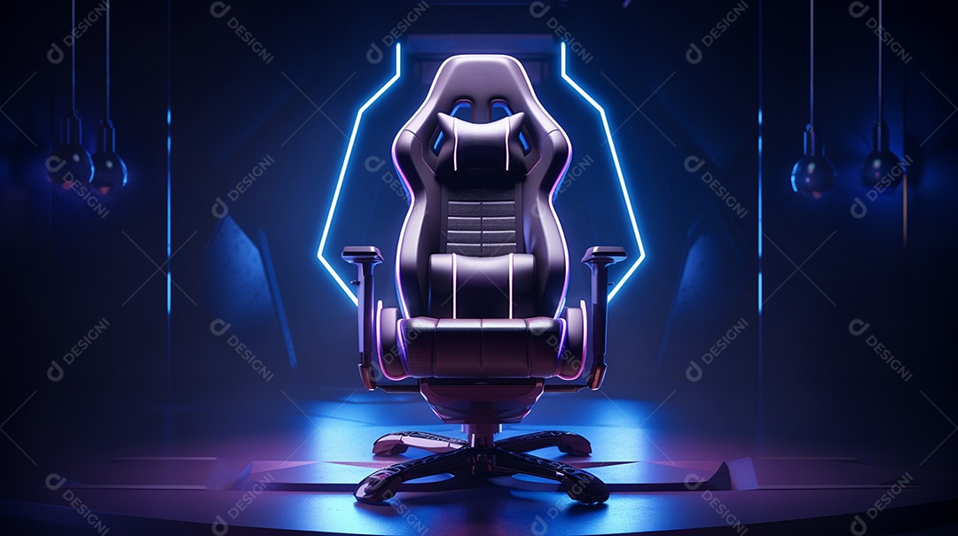 Cadeira de jogos moderna contra um fundo de tecnologia brilhante. é perfeito para longas sessões de jogo e parece super legal!