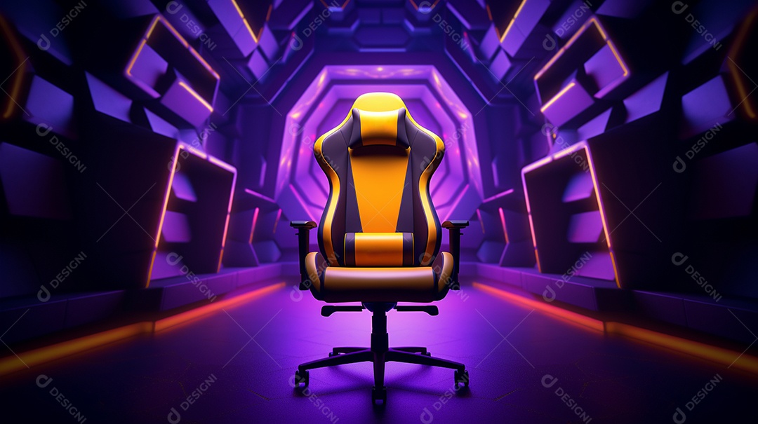 Cadeira de jogos moderna contra um fundo de tecnologia brilhante. é perfeito para longas sessões de jogo e parece super legal!