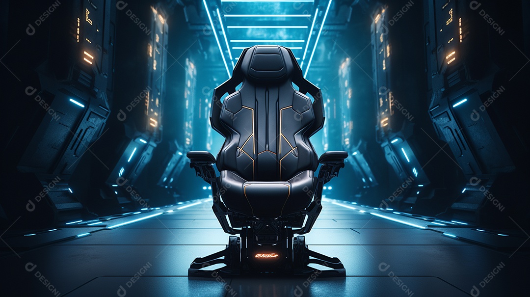 Cadeira de jogos moderna contra um fundo de tecnologia brilhante. é perfeito para longas sessões de jogo e parece super legal!