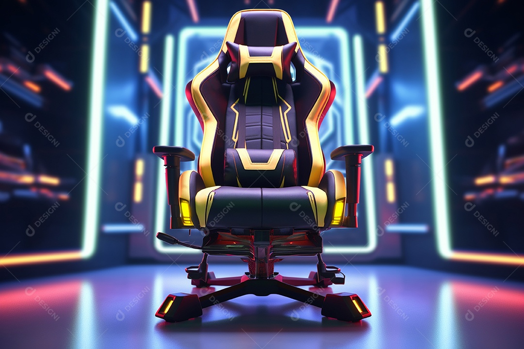 Cadeira de jogos moderna contra um fundo de tecnologia brilhante. é perfeito para longas sessões de jogo e parece super legal!