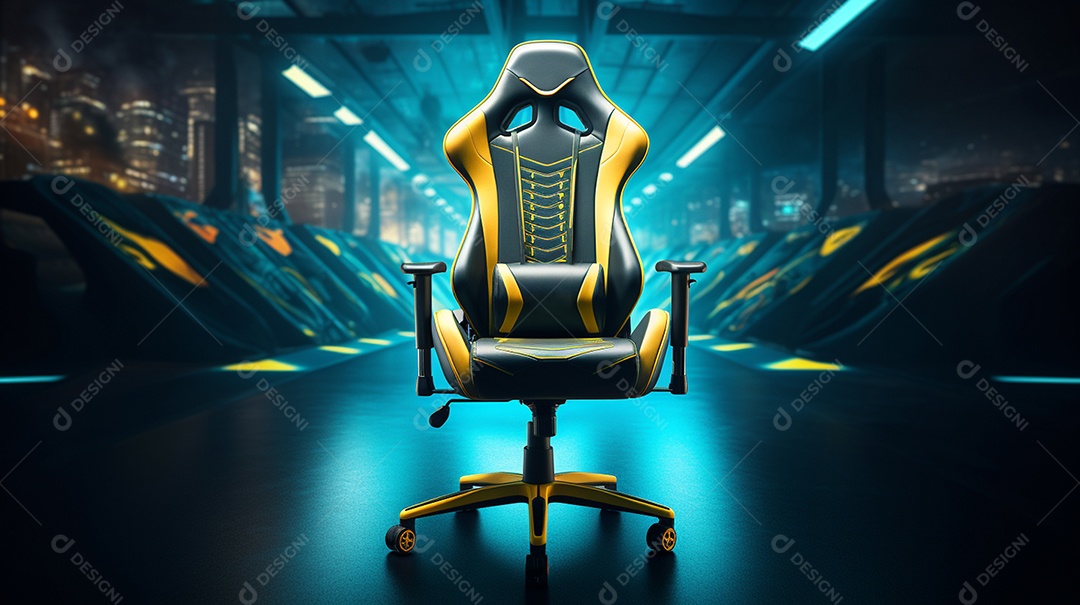 Cadeira de jogos moderna contra um fundo de tecnologia brilhante. é perfeito para longas sessões de jogo e parece super legal!