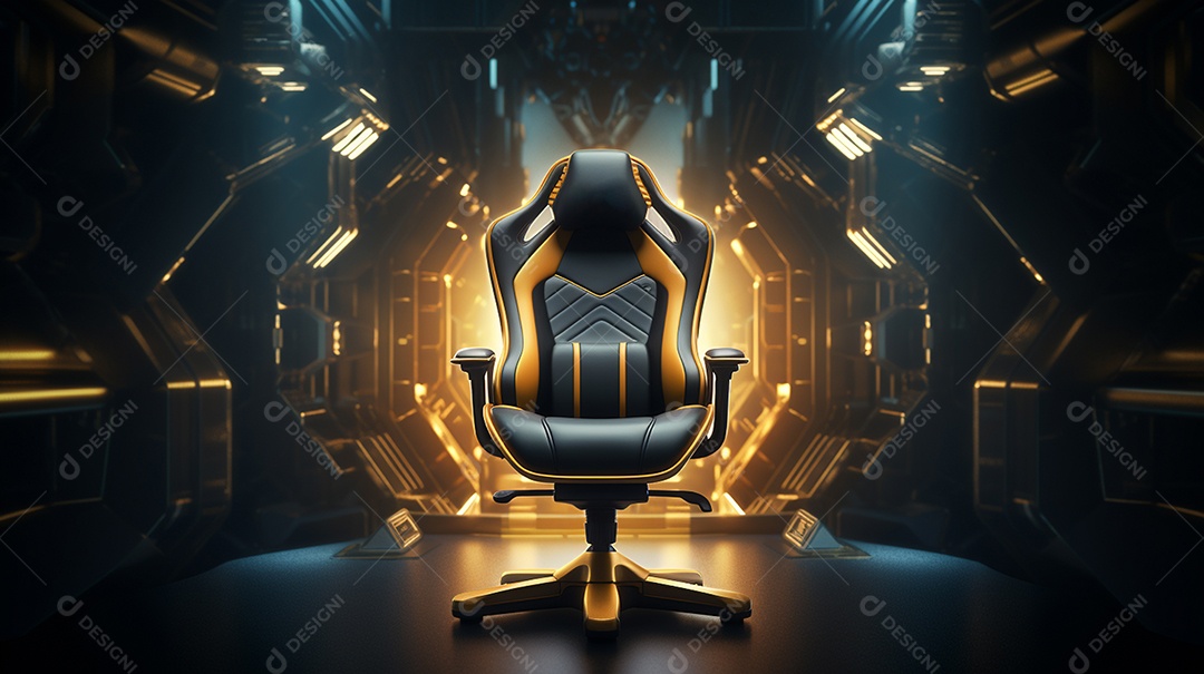 Cadeira de jogos moderna contra um fundo de tecnologia brilhante. é perfeito para longas sessões de jogo e parece super legal!