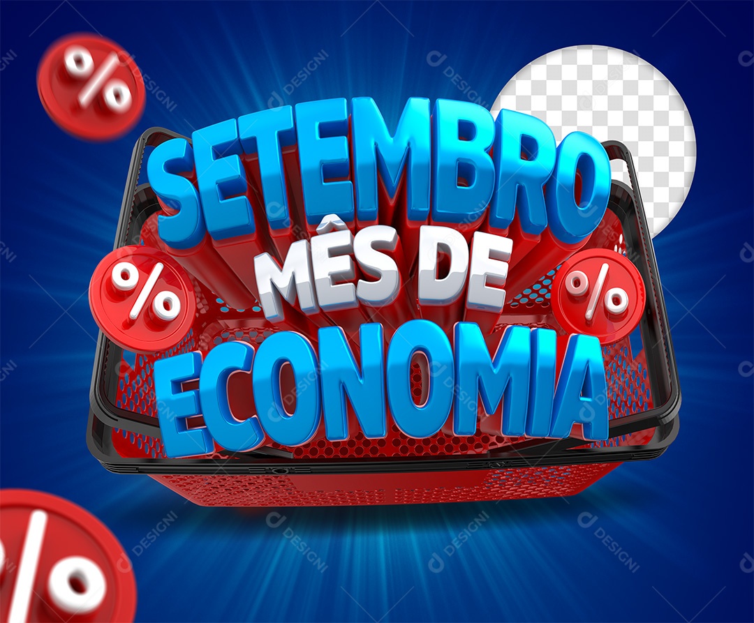 Setembro Mês de Economia  Selo 3D Azul Vermelho para Composição PSD