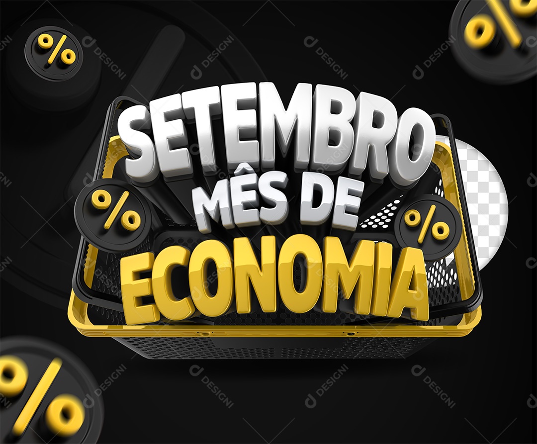 Setembro Mês de Economia  Selo 3D Preto Branco Dourado para Composição PSD