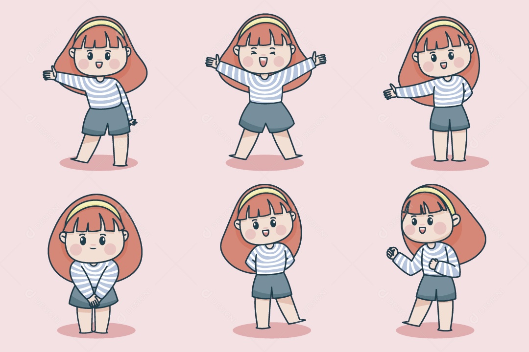 Personagem Feminina em Diferentes Expressões Faciais e Poses Vetor EPS