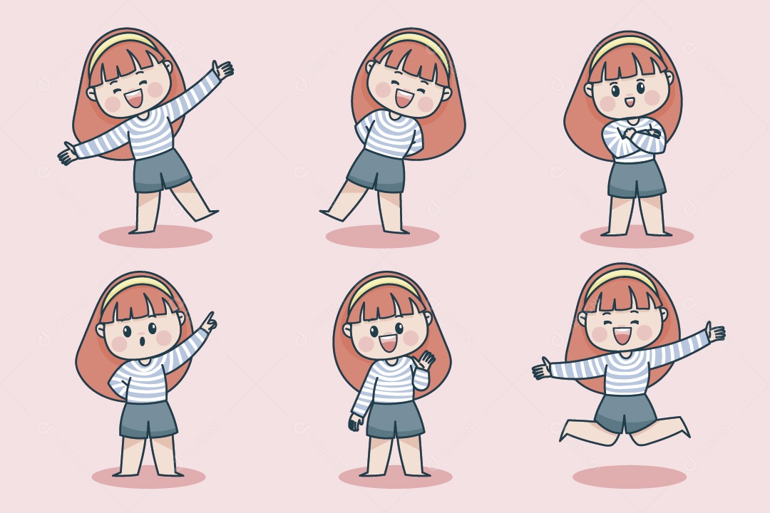 Personagem Feminina em Diferentes Expressões Faciais e Poses Vetor EPS
