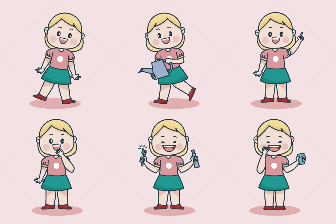 Personagem Feminina em Diferentes Expressões Faciais e Poses Vetor EPS