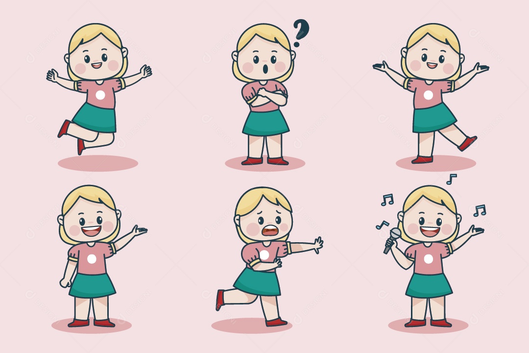 Personagem Feminina em Diferentes Expressões Faciais e Poses Vetor EPS