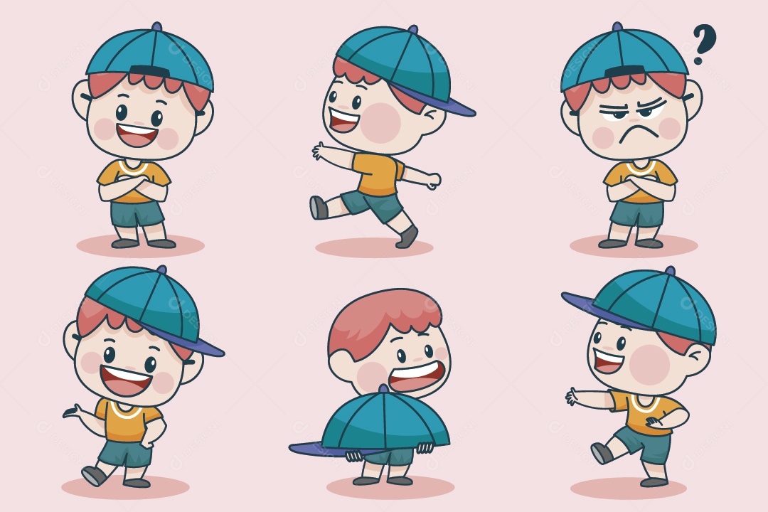 Personagem em Diferentes Expressões Faciais e Poses Vetor EPS